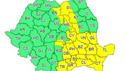 ANM: Cod galben de averse şi vijelii, luni, în 21 de judeţe şi în Bucureşti