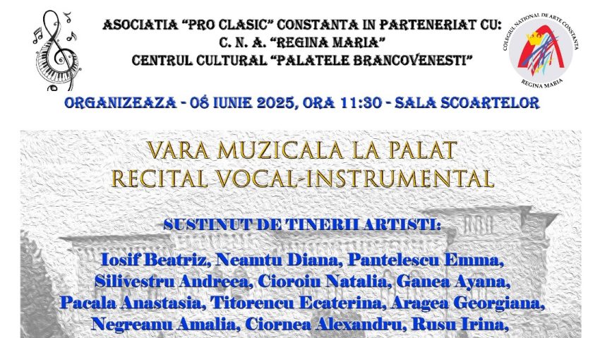 BUCUREȘTI: Recital susţinut de tineri artişti, la Palatul Mogoşoaia