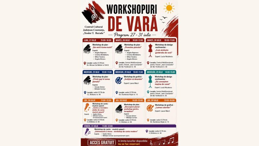 Centrul Cultural Județean “Theodor T. Burada” Constanța organizează workshopuri gratuite | AUDIO